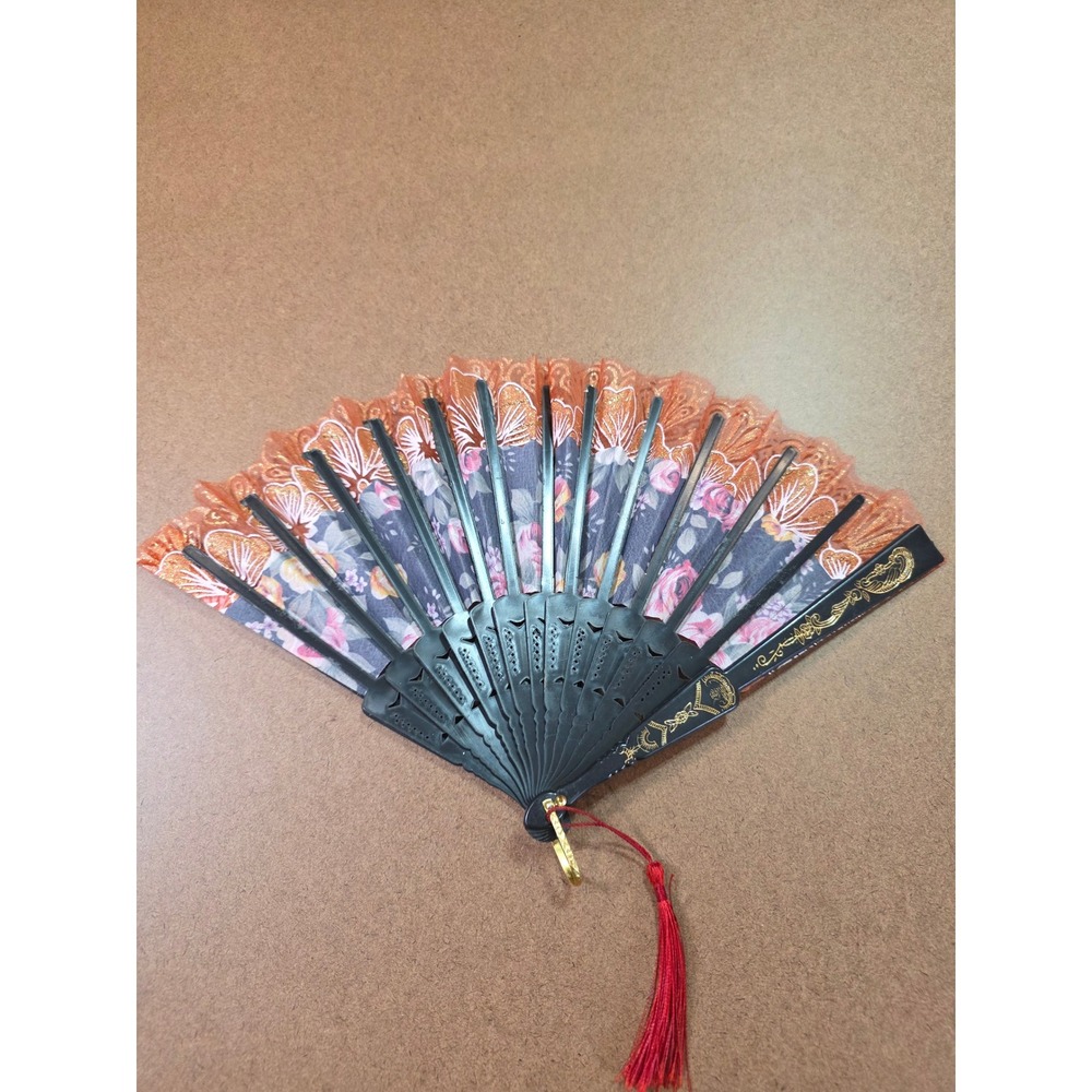 Vintage Style Floral Folding Hand Fan Black Gold Glitter Lace Tassel 9 Inch - Picture 8 of 8